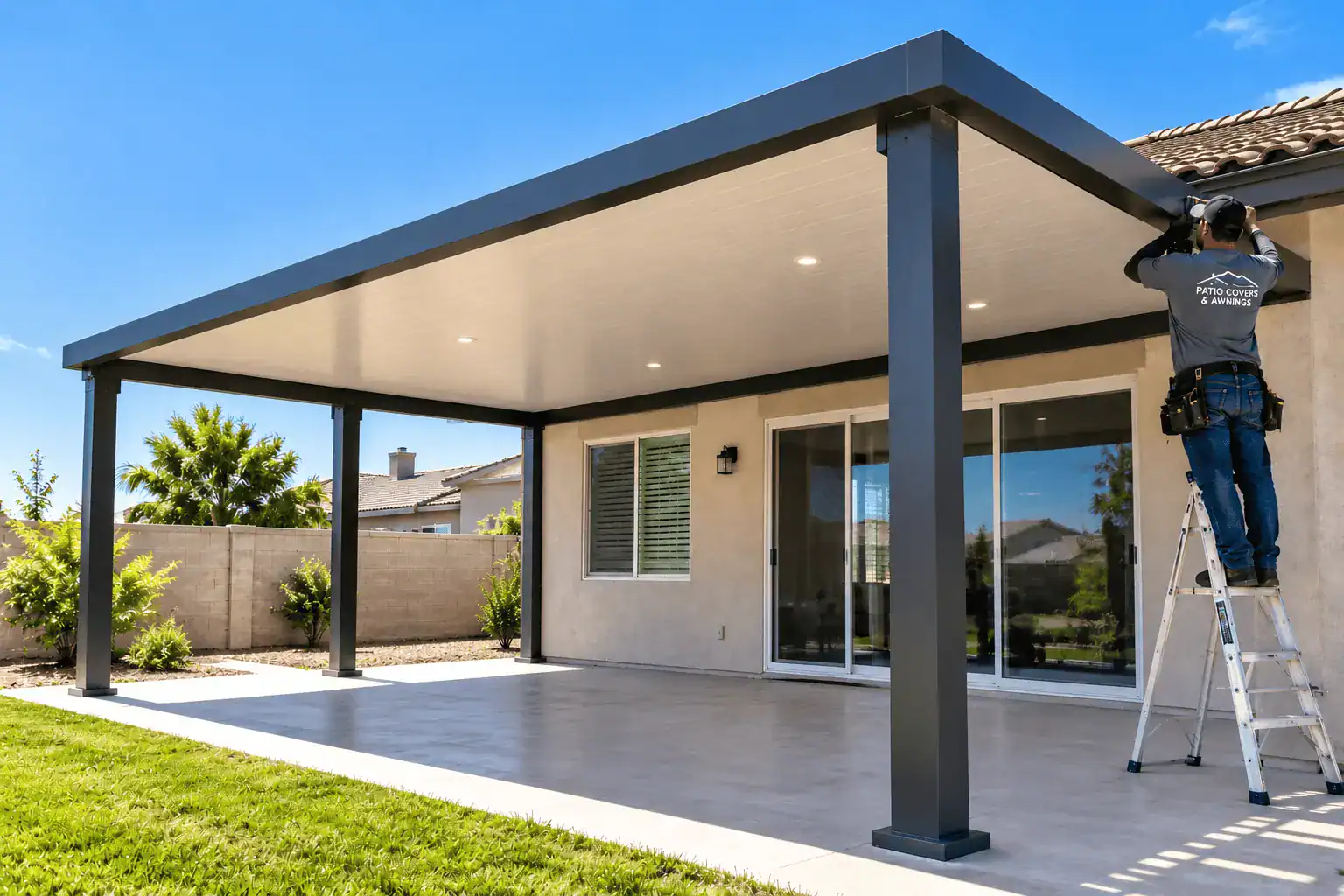 Illustration of an installer on a ladder securing a modern aluminum patio cover with a solid roof and recessed lighting.