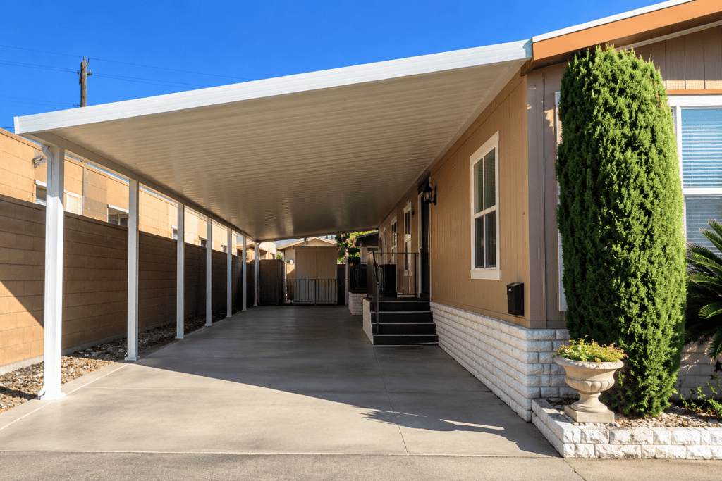 White aluminum carport awning attached to a residential home with covered concrete driveway and support posts.