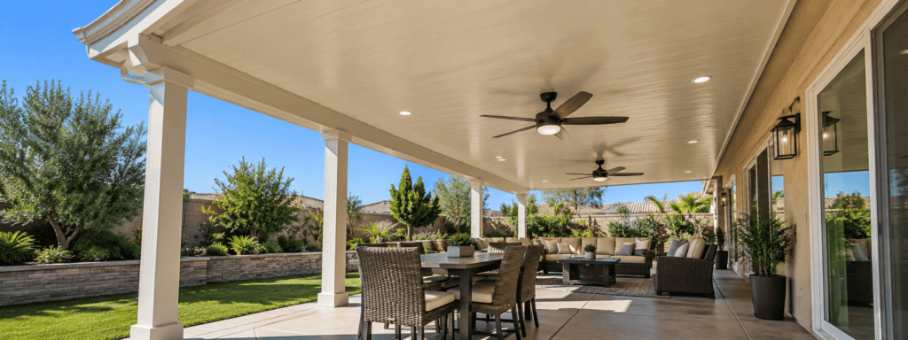 Insulated aluminum patio cover with ceiling fans, recessed lighting, and outdoor seating in an Orange County-style backyard
